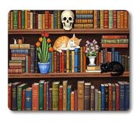 Wknoon Vintage Bookshelf Retro Design Art Mouse Pad, Sleeping Black cat Cactus Cool Skull Ornament Mice Mat Desk Decor Accessories for Laptop