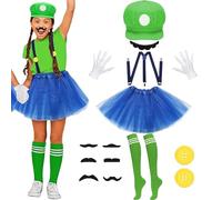 WKPBJX Mario Costume, Costume Accessory, 13 Pcs Super Brother Costume Include Hat Mustache Gloves Suspenders Buttons Sock Skirt, for Boy Girl Halloween Cosplay Costume Christmas Decorations (Green)