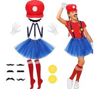 WKPBJX Mario Costume, Costume Accessory, 13 Pcs Super Brother Costume Include Hat Mustache Gloves Suspenders Buttons Sock Skirt, for Boy Girl Halloween Cosplay Costume Christmas Decorations (Red)