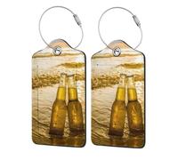 WKSGDSG 2-Pack Luggage Tags for Suitcases, Bottles Beer Beach Sunset, Personalized Aesthetic PU Leather Baggage Tags with Privacy Protection, Luggage Identifier Travel Id Tag for Cruise Vacations