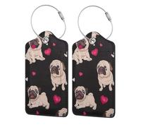 WKSGDSG 2-Pack Luggage Tags for Suitcases, Cute Pug, Personalized Aesthetic PU Leather Baggage Tags with Privacy Protection, Luggage Identifier Travel Id Tag for Cruise Vacations, 2 PCS
