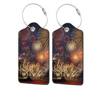 WKSGDSG 2-Pack Luggage Tags for Suitcases, Fireworks, Personalized Aesthetic PU Leather Baggage Tags with Privacy Protection, Luggage Identifier Travel Id Tag for Cruise Vacations, 2 PCS
