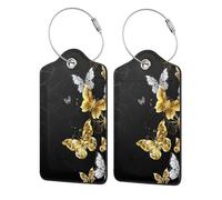WKSGDSG 2-Pack Luggage Tags for Suitcases, Gold White Butterflies Black, Personalized Aesthetic Pu Leather Baggage Tags with Privacy Protection, Luggage Identifier Travel Id Tag for Cruise Vacations