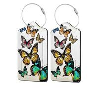 WKSGDSG 2-Pack Luggage Tags for Suitcases, Green Yellow Butterfly, Personalized Aesthetic PU Leather Baggage Tags with Privacy Protection, Luggage Identifier Travel Id Tag for Cruise Vacations, 2 PCS