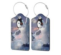 WKSGDSG 2-Pack Luggage Tags for Suitcases, Happy Penguin, Personalized Aesthetic PU Leather Baggage Tags with Privacy Protection, Luggage Identifier Travel Id Tag for Cruise Vacations, 2 PCS