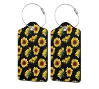 WKSGDSG 2-Pack Luggage Tags For Suitcases, Sunflower Flowers Black Yellow, Personalized Aesthetic Pu Leather Baggage Tags With Privacy Protection, Luggage Identifier Travel Id Tag For Cruise Vacations