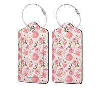 WKSGDSG 2-Pack Luggage Tags for Suitcases, Tea Cups Roses, Personalized Aesthetic PU Leather Baggage Tags with Privacy Protection, Luggage Identifier Travel Id Tag for Cruise Vacations, 2 PCS