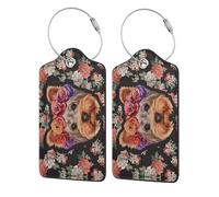 WKSGDSG 2-Pack Luggage Tags for Suitcases, Yorkie Dog Floral, Personalized Aesthetic PU Leather Baggage Tags with Privacy Protection, Luggage Identifier Travel Id Tag for Cruise Vacations, 2 PCS