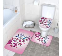WKSGDSG Bathroom Rug Set 3-Piece, Plush Non-Slip Doormat With U-Shaped Toilet Mat & O-Shaped Lid Cover, Butterflies Area Rug 40x60cm, Flannel Shaggy Absorbent Floor Mats For Bath Tub