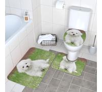 WKSGDSG Bathroom Rug Set 3-Piece, Plush Non-Slip Doormat With U-Shaped Toilet Mat & O-Shaped Lid Cover, Bichon Frise Dog Area Rug 40x60cm, Flannel Shaggy Absorbent Floor Mats For Bath Tub