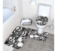 WKSGDSG Bathroom Rug Set 3-Piece, Plush Non-Slip Doormat With U-Shaped Toilet Mat & O-Shaped Lid Cover, Black Floral Skull Area Rug 40x60cm, Flannel Shaggy Absorbent Floor Mats For Bath Tub