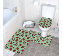 WKSGDSG Bathroom Rug Set 3-Piece, Plush Non-Slip Doormat With U-Shaped Toilet Mat & O-Shaped Lid Cover, Red Ladybugs Green Area Rug 40x60cm, Flannel Shaggy Absorbent Floor Mats For Bath Tub