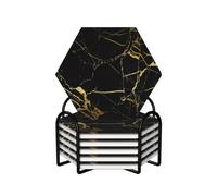 WKSGDSG Ceramic Coaster Set Of 6, Black Gold Marble Hexagon Coasters For Drinks With Cork Base And Metal Holder Absorbent Anti Slip Coasters For Coffee Table Room Bar Home Decor Housewarming Gifts