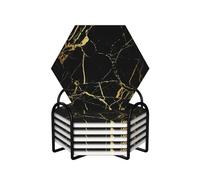WKSGDSG Ceramic Coaster Set Of 6, Black Gold Marble Hexagon Coasters For Drinks With Cork Base And Metal Holder Absorbent Anti Slip Coasters For Coffee Table Room Bar Home Decor Housewarming Gifts