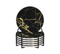 WKSGDSG Ceramic Coaster Set Of 6, Black Gold Marble Round Coasters For Drinks With Cork Base And Metal Holder Absorbent Anti Slip Coasters For Coffee Table Room Bar Home Decor Housewarming Gifts