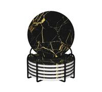 WKSGDSG Ceramic Coaster Set Of 6, Black Gold Marble Round Coasters For Drinks With Cork Base And Metal Holder Absorbent Anti Slip Coasters For Coffee Table Room Bar Home Decor Housewarming Gifts