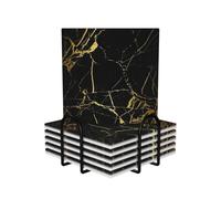WKSGDSG Ceramic Coaster Set Of 6, Black Gold Marble Square Coasters For Drinks With Cork Base And Metal Holder Absorbent Anti Slip Coasters For Coffee Table Room Bar Home Decor Housewarming Gifts