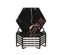 WKSGDSG Ceramic Coaster Set Of 6 Black Rose Gold Marble Hexagon Coasters For Drinks With Cork Base And Metal Holder Absorbent Anti Slip Coasters For Coffee Table Room Bar Home Decor Housewarming Gifts
