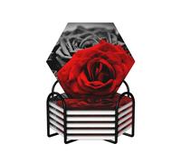 WKSGDSG Ceramic Coaster Set Of 6, Black White And Red Roses Hexagon Coasters For Drinks With Cork Base And Metal Holder Absorbent Anti Slip Coasters For Coffee Table Room Bar Home Decor