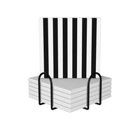 WKSGDSG Ceramic Coaster Set Of 6, Black White Stripes Square Coasters For Drinks With Cork Base And Metal Holder Absorbent Anti Slip Coasters For Coffee Table Room Bar Home Decor Housewarming Gifts