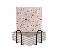 WKSGDSG Ceramic Coaster Set Of 6, Cherry Blossoms Square Coasters For Drinks With Cork Base And Metal Holder Absorbent Anti Slip Coasters For Coffee Table Room Bar Home Decor Housewarming Gifts