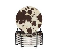 WKSGDSG Ceramic Coaster Set Of 6, Cow Fur Print Round Coasters For Drinks With Cork Base And Metal Holder Absorbent Anti Slip Coasters For Coffee Table Room Bar Home Decor Housewarming Gifts