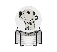 WKSGDSG Ceramic Coaster Set Of 6, Dalmatian Round Coasters For Drinks With Cork Base And Metal Holder Absorbent Anti Slip Coasters For Coffee Table Room Bar Home Decor Housewarming Gifts