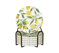 WKSGDSG Ceramic Coaster Set Of 6, Fresh Tropical Lemons Round Coasters For Drinks With Cork Base And Metal Holder Absorbent Anti Slip Coasters For Coffee Table Room Bar Home Decor Housewarming Gifts