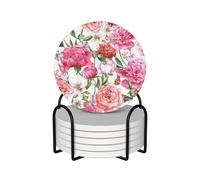 WKSGDSG Ceramic Coaster Set Of 6, Garden Peony Round Coasters For Drinks With Cork Base And Metal Holder Absorbent Anti Slip Coasters For Coffee Table Room Bar Home Decor Housewarming Gifts