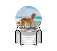 WKSGDSG Ceramic Coaster Set Of 6, Golden Retriever Round Coasters For Drinks With Cork Base And Metal Holder Absorbent Anti Slip Coasters For Coffee Table Room Bar Home Decor Housewarming Gifts