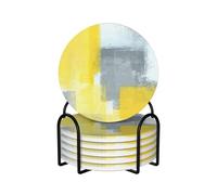 WKSGDSG Ceramic Coaster Set Of 6, Grey And Yellow Abstract Art Painting Round Coasters For Drinks With Cork Base And Metal Holder Absorbent Anti Slip Coasters For Coffee Table Room Bar Home Decor