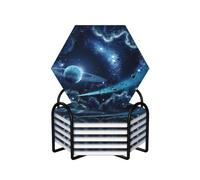 WKSGDSG Ceramic Coaster Set Of 6 Moon Stars And Planets Hexagon Coasters For Drinks With Cork Base And Metal Holder Absorbent Anti Slip Coasters For Coffee Table Room Bar Home Decor Housewarming Gifts