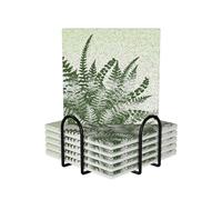 WKSGDSG Ceramic Coaster Set Of 6 Natural Plant Fern Leaf Square Coasters For Drinks With Cork Base And Metal Holder Absorbent Anti Slip Coasters For Coffee Table Room Bar Home Decor Housewarming Gifts