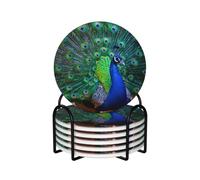 WKSGDSG Ceramic Coaster Set Of 6, Peacock Round Coasters For Drinks With Cork Base And Metal Holder Absorbent Anti Slip Coasters For Coffee Table Room Bar Home Decor Housewarming Gifts