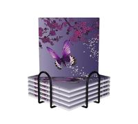 WKSGDSG Ceramic Coaster Set Of 6, Purple Plum Butterfly Square Coasters For Drinks With Cork Base And Metal Holder Absorbent Anti Slip Coasters For Coffee Table Room Bar Home Decor Housewarming Gifts