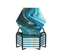 WKSGDSG Ceramic Coaster Set Of 6 Stone Blue Gold Marble Hexagon Coasters For Drinks With Cork Base And Metal Holder Absorbent Anti Slip Coasters For Coffee Table Room Bar Home Decor Housewarming Gifts