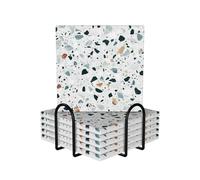 WKSGDSG Ceramic Coaster Set Of 6, Terrazzo Marble Pastel Square Coasters For Drinks With Cork Base And Metal Holder Absorbent Anti Slip Coasters For Coffee Table Room Bar Home Decor Housewarming Gifts