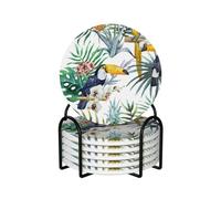 WKSGDSG Ceramic Coaster Set Of 6, Tropical Leaves Bird Round Coasters For Drinks With Cork Base And Metal Holder Absorbent Anti Slip Coasters For Coffee Table Room Bar Home Decor Housewarming Gifts