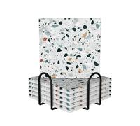 WKSGDSG Ceramic Coaster Set Of 6, White Terrazzo Square Coasters For Drinks With Cork Base And Metal Holder Absorbent Anti Slip Coasters For Coffee Table Room Bar Home Decor Housewarming Gifts