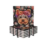 WKSGDSG Ceramic Coaster Set Of 6, Yorkie Dog Floral Square Coasters For Drinks With Cork Base And Metal Holder Absorbent Anti Slip Coasters For Coffee Table Room Bar Home Decor Housewarming Gifts