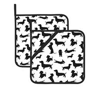 WKSGDSG Heat Resistant Pot Holders Set Of 2, Black Dogs Dachshund Dog Pot Cloth For Cooking, Non-Slip Kitchen Oven Mitts For Hot Pans, Bbq, Portable Waterproof Pot Holders With Hanging Loop & Pocket