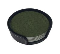 WKSGDSG Leather Coasters Set Of 6, Heat-Resistant Pu Leather Drink Coasters, Non-Slip Beverage Pads For Table Desk, Green Pattern, Round Coaster Set For Home Office Dining, With Storage Box