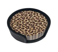 WKSGDSG Leather Coasters Set Of 6, Heat-Resistant Pu Leather Drink Coasters, Non-Slip Beverage Pads For Table Desk, Fun Leopard Print, Round Coaster Set For Home Office Dining, With Storage Box