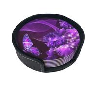 WKSGDSG Leather Coasters Set Of 6, Heat-Resistant Pu Leather Drink Coasters, Non-Slip Beverage Pads For Table Desk, Purple Butterfly, Round Coaster Set For Home Office Dining, With Storage Box