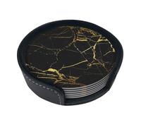 WKSGDSG Leather Coasters Set Of 6, Heat-Resistant Pu Leather Drink Coasters, Non-Slip Beverage Pads For Table Desk, Black Gold Marble, Round Coaster Set For Home Office Dining, With Storage Box