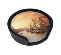 WKSGDSG Leather Coasters Set Of 6, Heat-Resistant Pu Leather Drink Coasters, Non-Slip Beverage Pads For Table Desk, Venice Canal View, Round Coaster Set For Home Office Dining, With Storage Box
