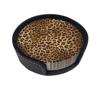 WKSGDSG Leather Coasters Set Of 6, Heat-Resistant Pu Leather Drink Coasters, Non-Slip Beverage Pads For Table Desk, Cute Leopard, Round Coaster Set For Home Office Dining, With Storage Box