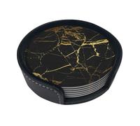 WKSGDSG Leather Coasters Set Of 6, Heat-Resistant Pu Leather Drink Coasters, Non-Slip Beverage Pads For Table Desk, Black Marble, Round Coaster Set For Home Office Dining, With Storage Box
