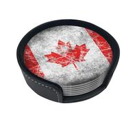 WKSGDSG Leather Coasters Set Of 6, Heat-Resistant Pu Leather Drink Coasters, Non-Slip Beverage Pads For Table Desk, Canada Flag, Round Coaster Set For Home Office Dining, With Storage Box