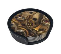 WKSGDSG Leather Coasters Set Of 6, Heat-Resistant Pu Leather Drink Coasters, Non-Slip Beverage Pads For Table Desk, Cool Steampunk Gears, Round Coaster Set For Home Office Dining, With Storage Box